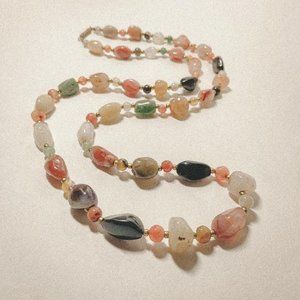 Vintage Gemstone Shiny Nugget Long Beaded Necklace